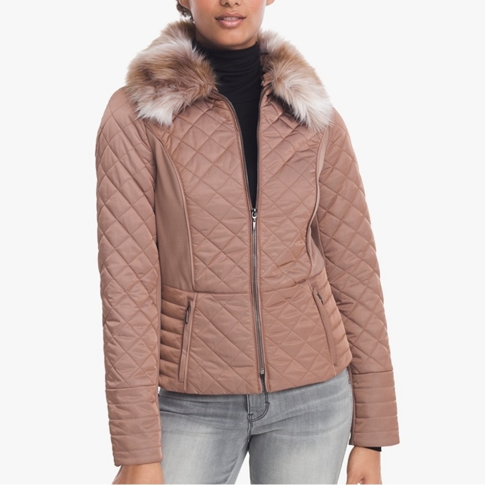 WHBM QUILTED PUFFER JACKET WITH REMOVABLE FAUX FUR
